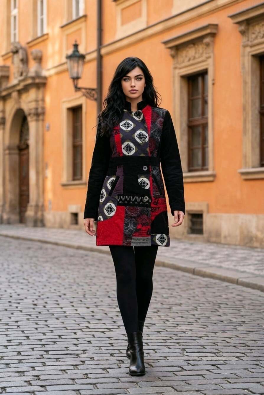 Desigual Double Breasted Corduroy Coat EU 44 Multicoloured Patchwork Geometric